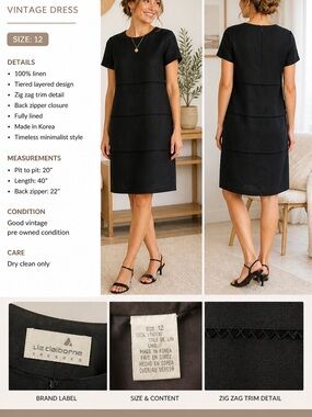 Liz Claiborne Vintage Black 100% Linen Shift Dress women Size 12 modern Sz 8/10